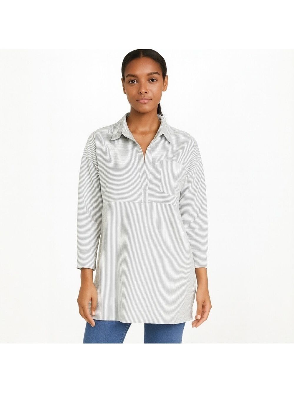Mazik Light Gray White Striped Oversized Blouse - Size Small - Large